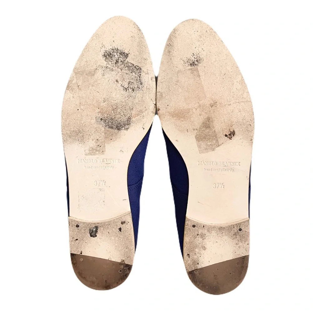 Manolo Blahnik Cobalt Blue Linen Yellow Lace Up Oxford Flats, Size 37.5